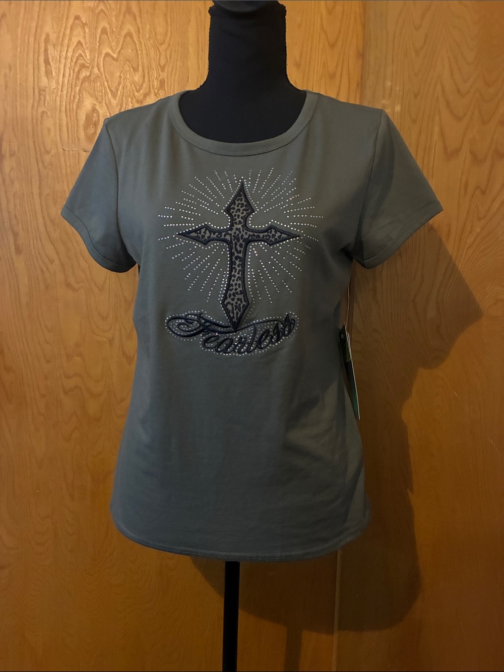Fearless Embellished Cross Short-Sleeve Top - Olive
